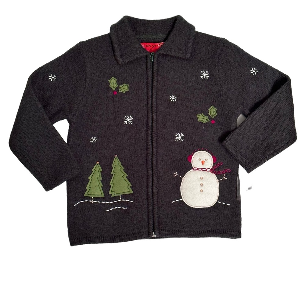 Skyr Girl Cardigan M 5/6 Snowman Winter Christmas Green Wool Zipper Sweater NWOT